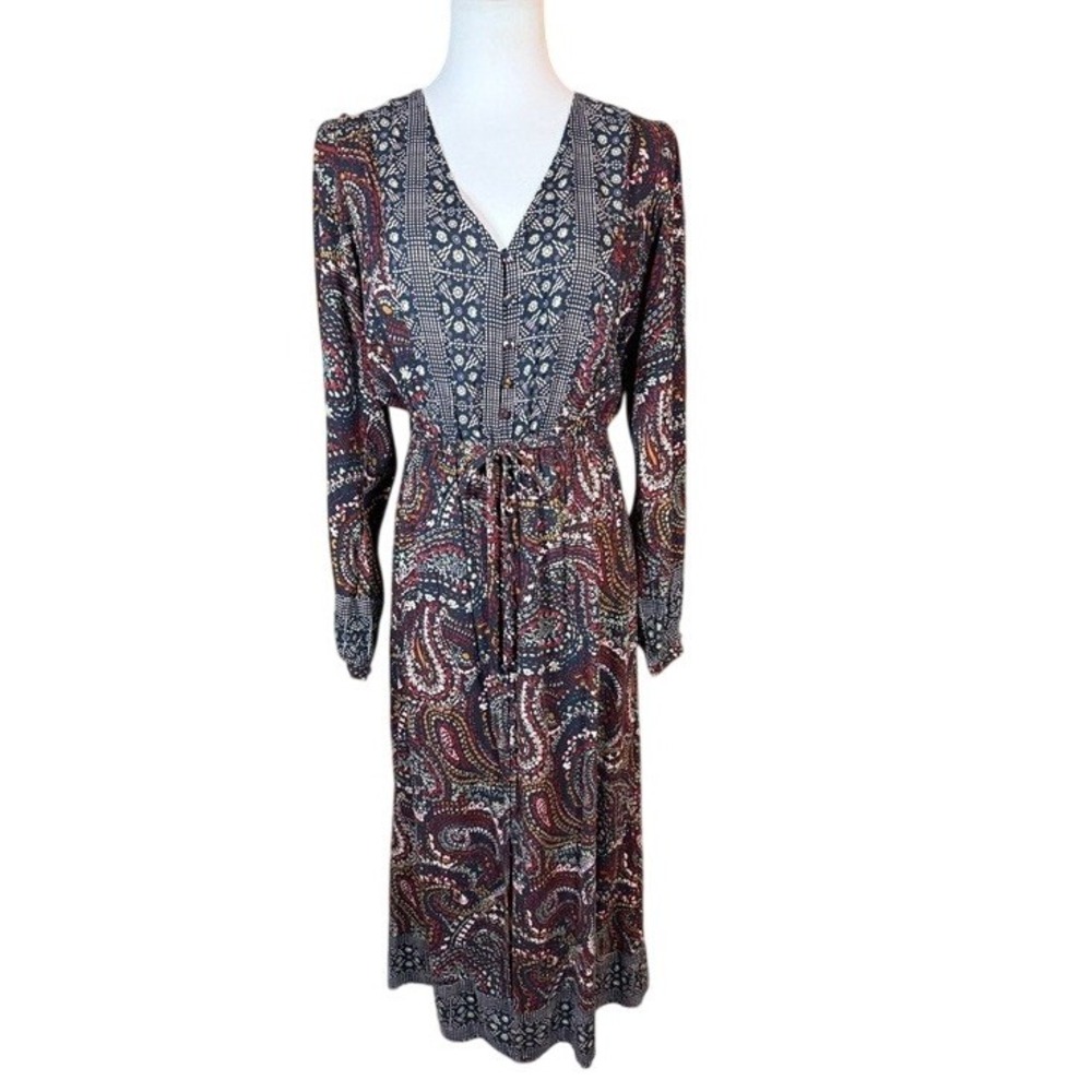 Knox Rose Womens Medium Paisley Geometric V-Neck Drawstring Midi Dress Navy Red